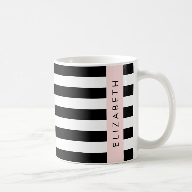 Caneca De Café Black and White Stripes, Stripes, Linhas, Seu Nome (Direita)
