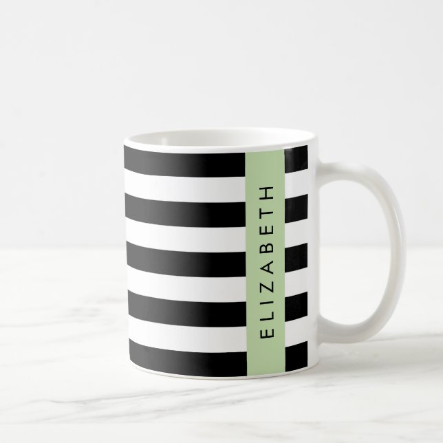 Caneca De Café Black and White Stripes, Stripes, Linhas, Seu Nome (Direita)