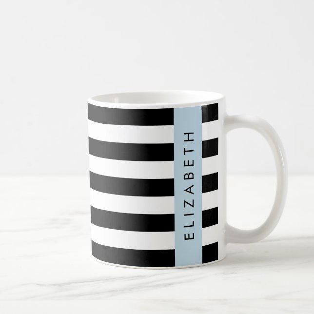Caneca De Café Black and White Stripes, Stripes, Linhas, Seu Nome (Direita)
