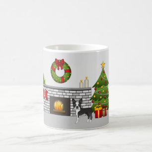 Caneca De Café Black Boston Terrier Em Uma Sala De Natal Festiva