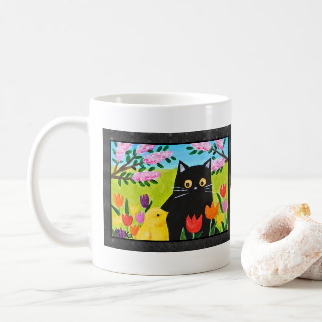 Caneca De Café Black Cat and Chick Cute Folk Art Cat Lover Gift (Com Donut)