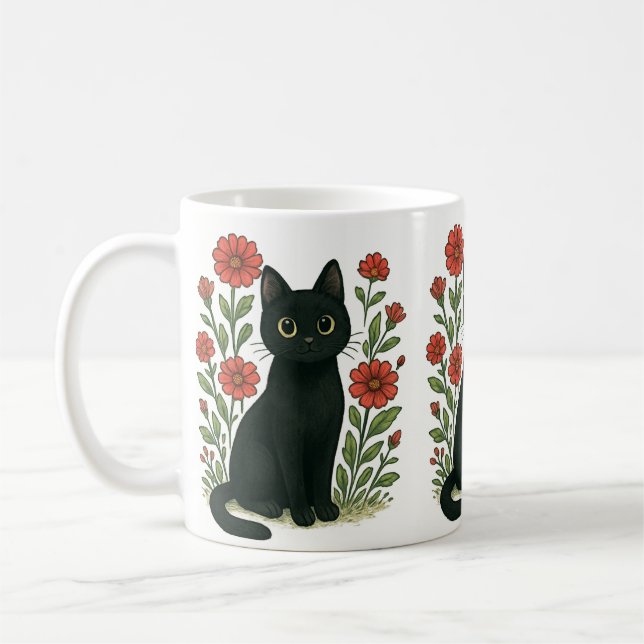 Caneca De Café Black Cat & Red Flowers Mug (Esquerda)