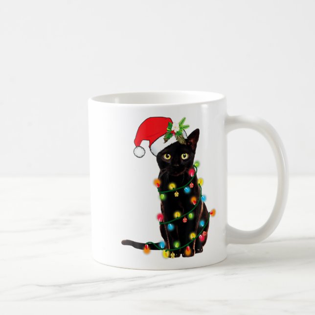 Caneca De Café Black Cat Santa Tangled Up In Christmas Lights  (Direita)