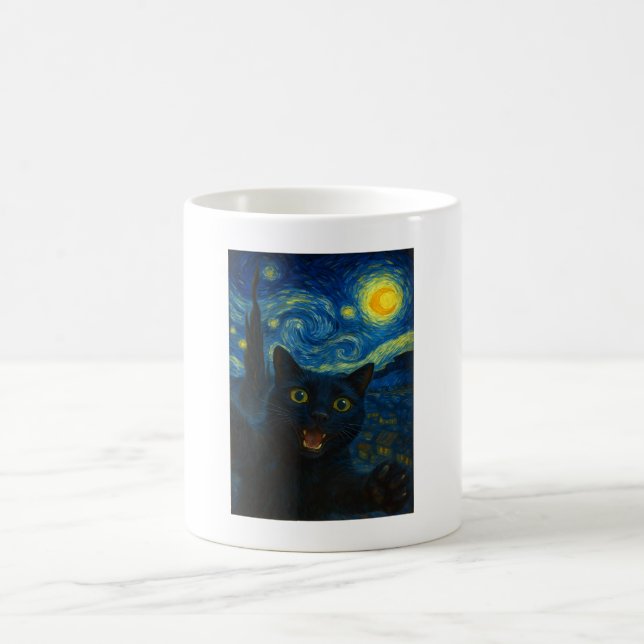 Caneca De Café Black Cat Starry Night Van Gogh Cat Selfie (Centro)