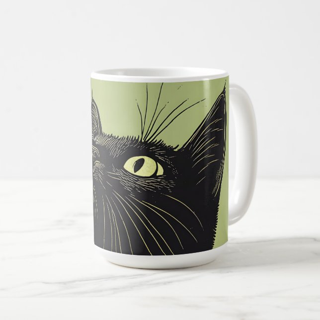 Caneca De Café Black Cat Vintage Lino Impressão (Frente Esquerda)