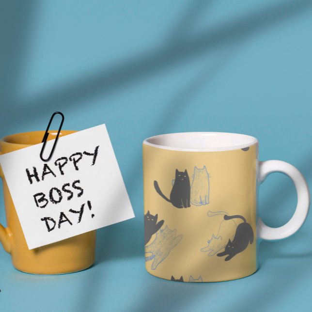 Caneca De Café Black Cats on Mustard with Blue Outlines– Modern  (Criador carregado)