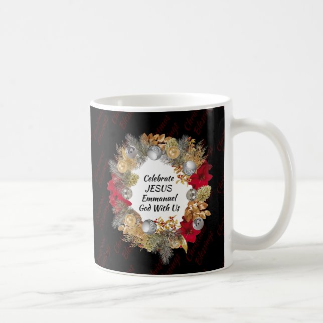 Caneca De Café Black Christmas Wreath JESUS Monograma (Direita)