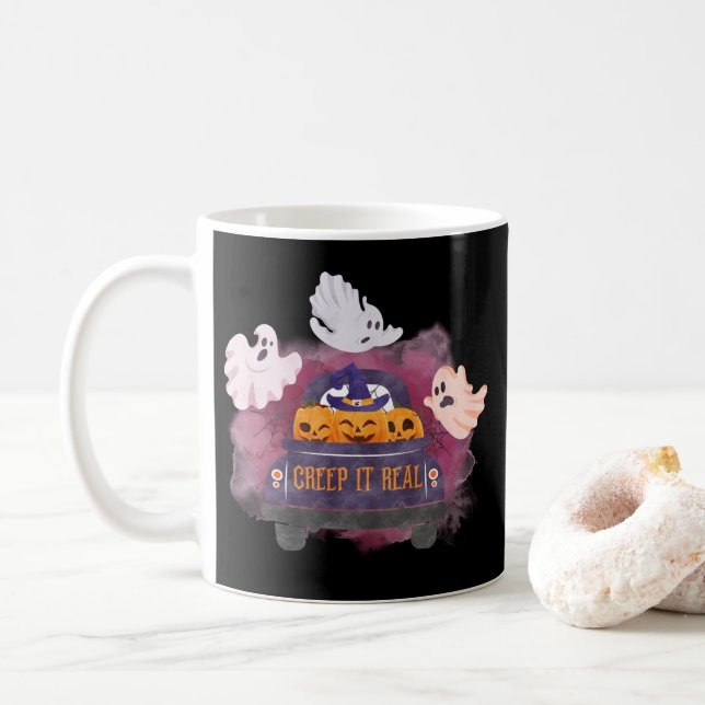 Caneca De Café Black Creme It Real Pumpkin Ghost Halloween (Com Donut)