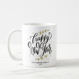 Caneca De Café Black Happy New Year Modern Calligraphy Wreath