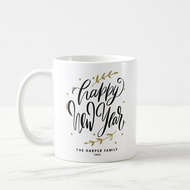 Caneca De Café Black Happy New Year Modern Calligraphy Wreath (Esquerda)