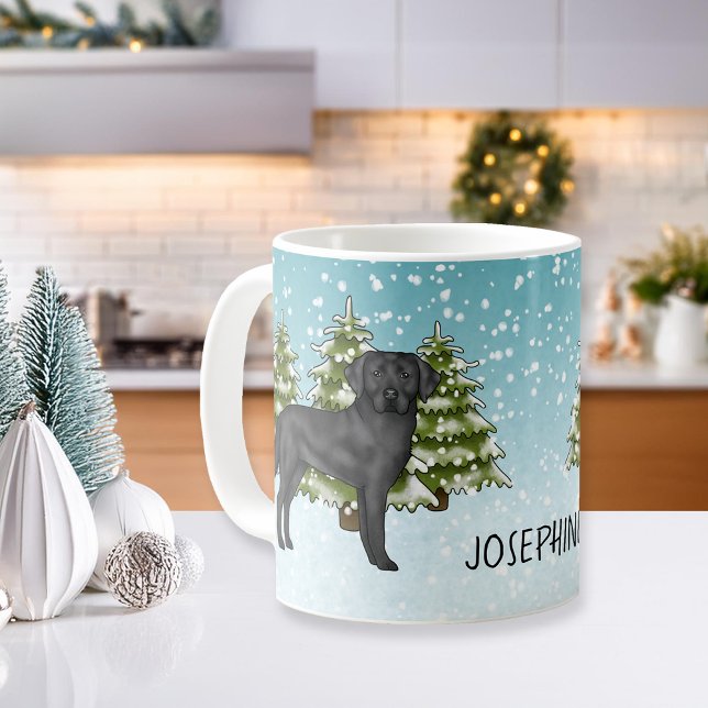 Caneca De Café Black Labrador Retriever Winter Forest Nome Person (Criador carregado)