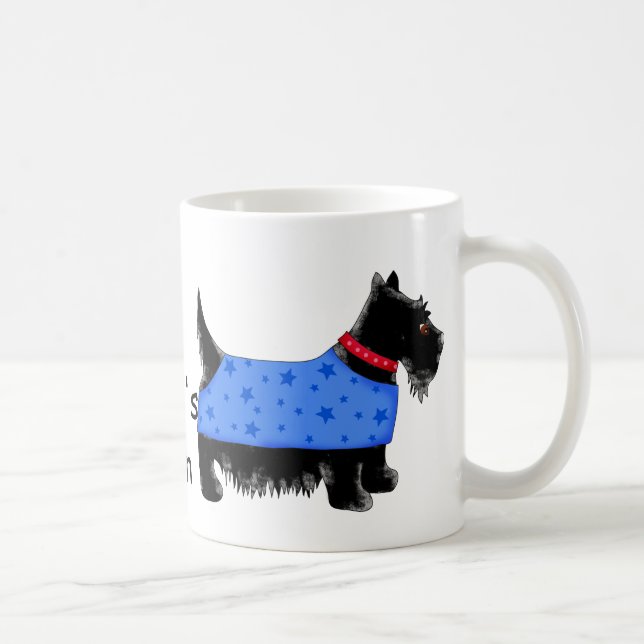 Caneca De Café Black Scottie Dog Blue Casaco Name Personalizado (Direita)