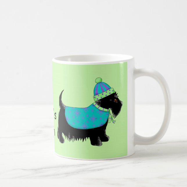 Caneca De Café Black Scottie Dog Blue Green Name Personalizado (Direita)