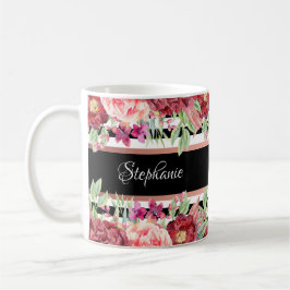 Caneca De Café Black Stripe Burgundy Nome Floral Personalizado