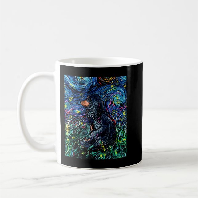 Caneca De Café Black Tan Long Hair Dachshund Starry Night Dog Art (Esquerda)