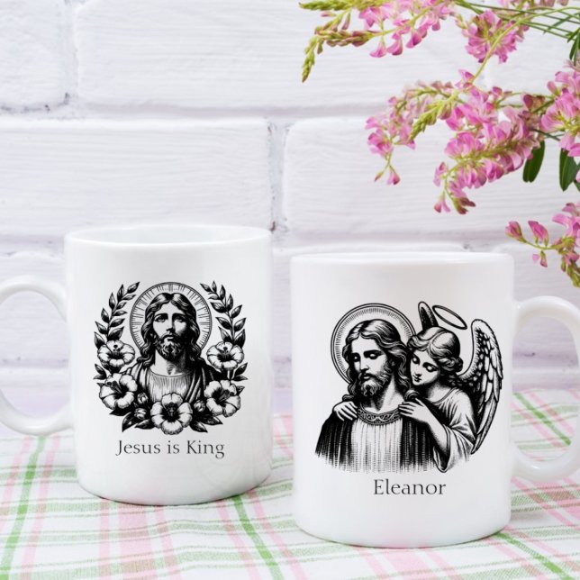 Caneca De Café Black White Floral Jesus Cristo Guardian Angel (Criador carregado)