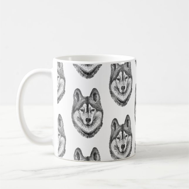 Caneca De Café Black & White Ink & Watercolor Siberian Husky (Esquerda)