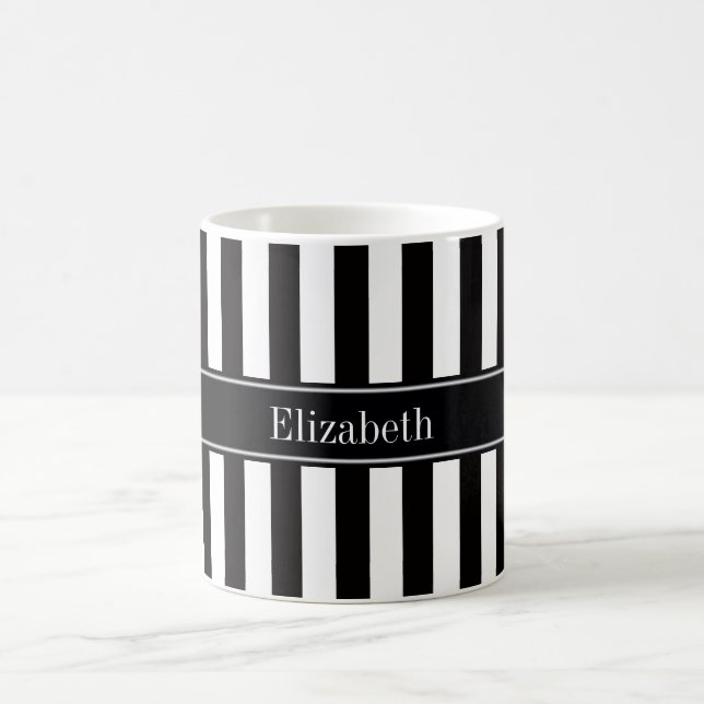 Caneca De Café Black White Stripe Black Name Monograma (Centro)