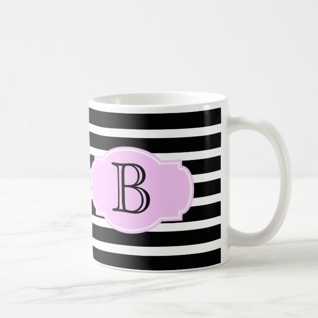 Caneca De Café Black & White Strips w/ Pink, adicionar inicial (Direita)