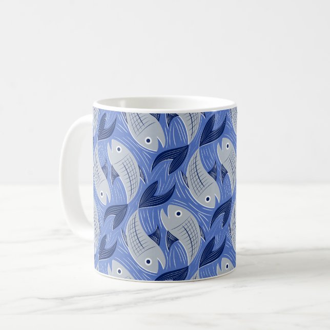 Caneca De Café Bloco de peixes impressão - azul (Frente Esquerda)