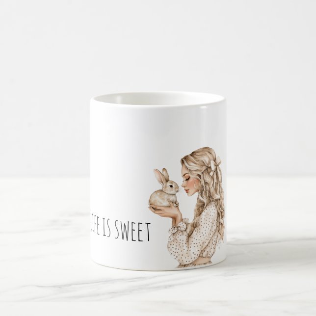 Caneca De Café Blond Girl Bunny Rabbit Life is sweet (Centro)