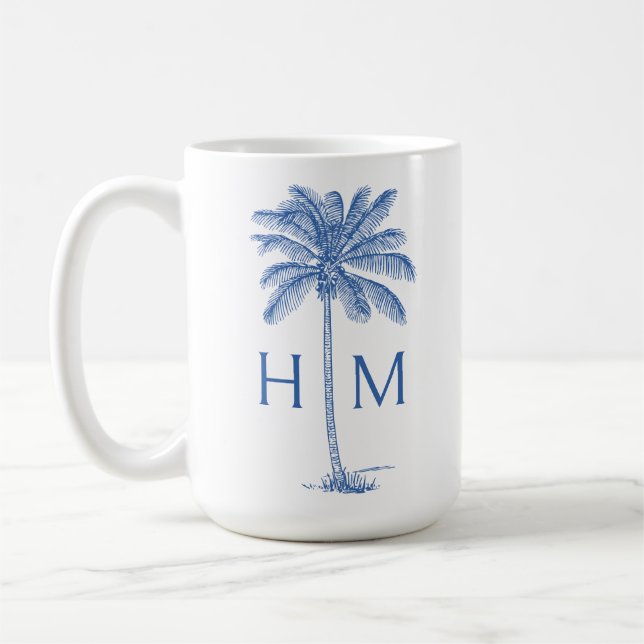Caneca De Café Blue and White Palm Palmetto Tree Monogram (Esquerda)