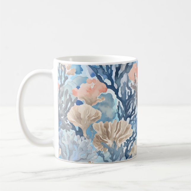 Caneca De Café Blue Beige Coral Sealife Ocean Art (Esquerda)