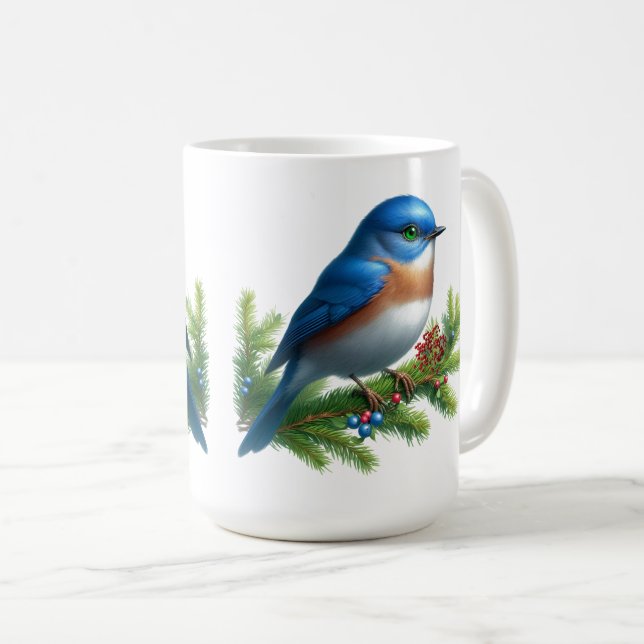 Caneca De Café Blue Bird e Berries Holiday Motif (Frente Esquerda)