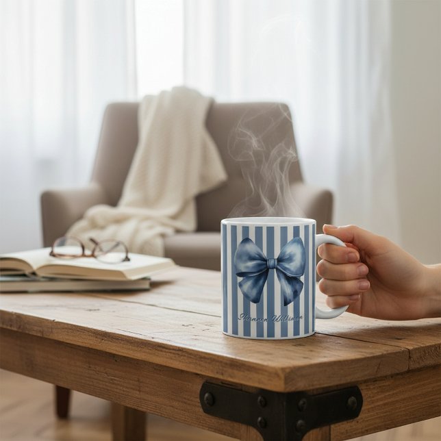 Caneca De Café Blue Bow Watercolor Stripe Design (Criador carregado)