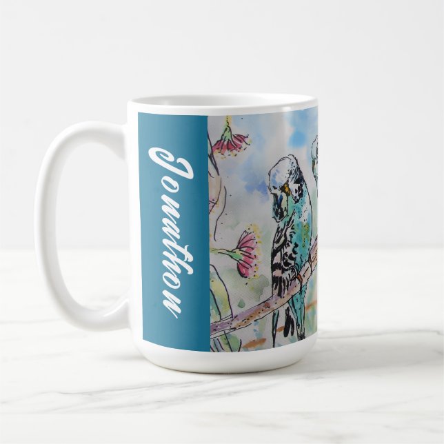 Caneca De Café Blue Budgie Budgies Parrots Husbands Mens Name (Esquerda)