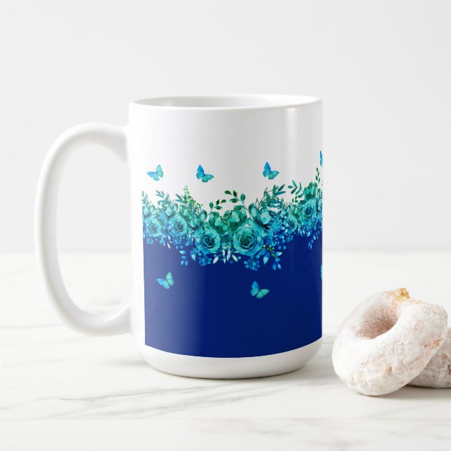 Caneca De Café Blue Butterfly Garden Floral  (Com Donut)
