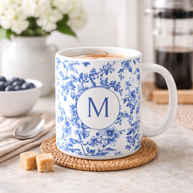 Caneca De Café Blue Country Floral Monogram  (Criador carregado)