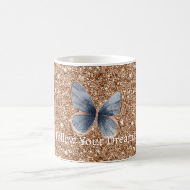 Caneca De Café Blue Denim Butterfly Rustic Gold Glitter (Centro)