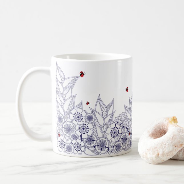 Caneca De Café Blue Floral Botanical Border Mug (Com Donut)