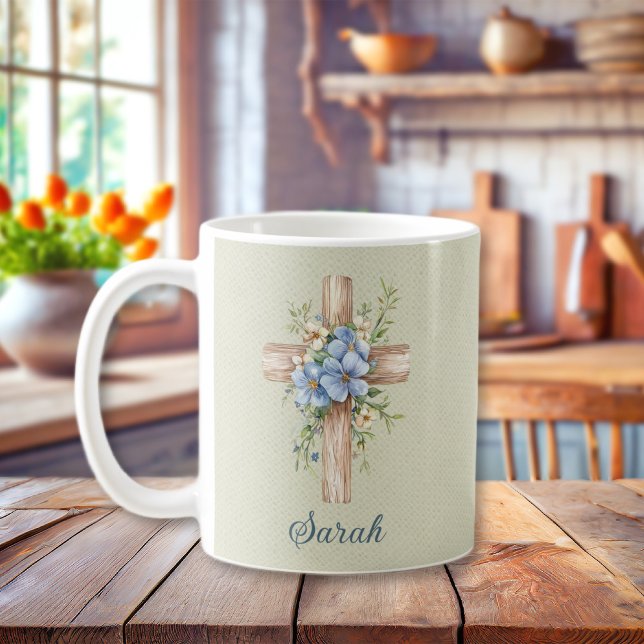 Caneca De Café Blue Floral Cross Personalizado (Watercolor Blue Floral Cross Personalized Coffee Mug
)