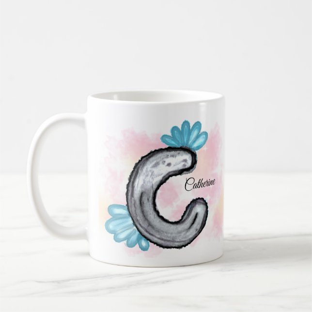 Caneca De Café Blue Floral Watercolor Letter C (Esquerda)