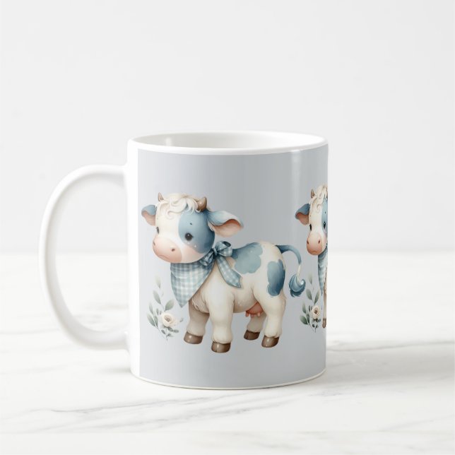 Caneca De Café Blue Gingham Baby Cow Pastel Farm Aesthetic (Esquerda)