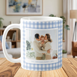 Caneca De Café Blue Gingham Custom Photo