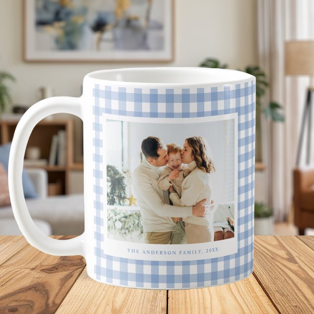 Caneca De Café Blue Gingham Custom Photo (Criador carregado)