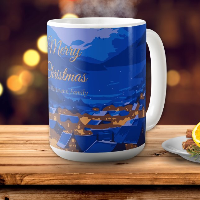 Caneca De Café Blue Gold Custom Winter Village Christmas (Criador carregado)