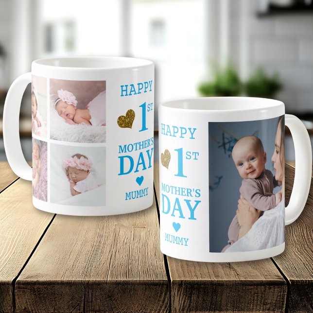 Caneca De Café Blue Happy First Mother's Day Mummy 5 Photo   (Criador carregado)