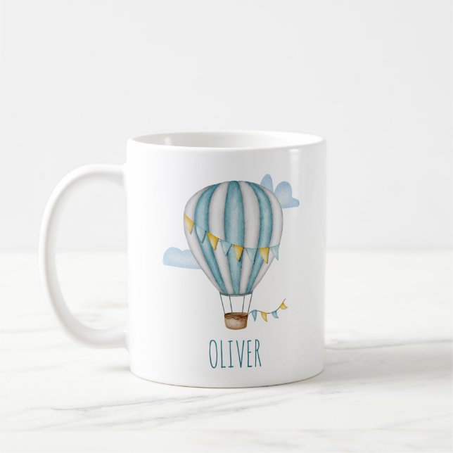 Caneca De Café Blue Hot Air Balloon Watercolor (Esquerda)