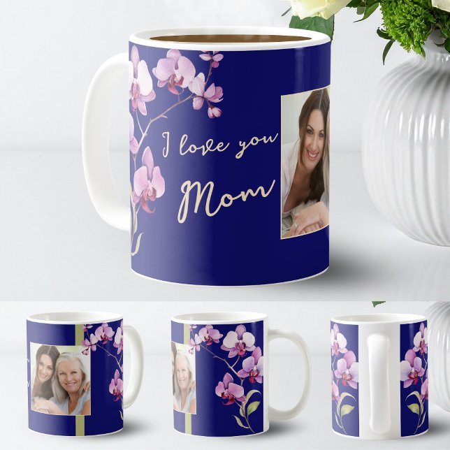 Caneca De Café Blue I Love You Mom Floral Mother's Day Photo (Criador carregado)
