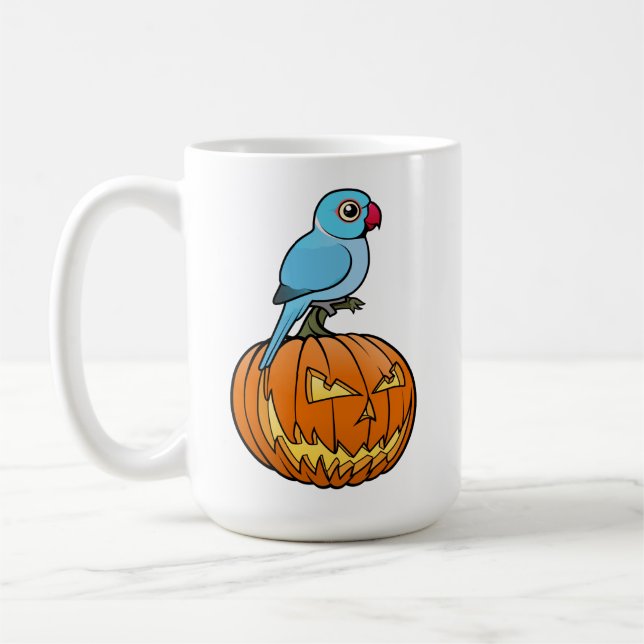 Caneca De Café Blue Indian Ringneck on Pumpkin Halloween (Esquerda)