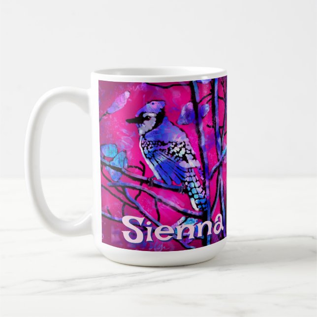 Caneca De Café Blue Jay Bird Tree Branch Pink Personalized  (Esquerda)