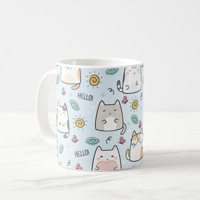 Caneca De Café Blue Kawaii - Padrão de Alô para Gatos Frescos (Frente Esquerda)