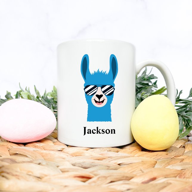 Caneca De Café Blue Llama Sunglass Boy Personalize Name (Criador carregado)