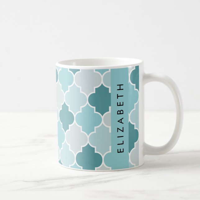Caneca De Café Blue Marroquino Trellis, Quatrefoil, Seu Nome (Direita)