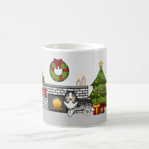 Caneca De Café Blue Merle Shetland Sheepdog Numa Sala De Natal