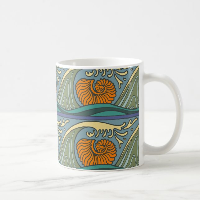 Caneca De Café Blue Ocean Waves Nautilus Seashell Patterno Nouvea (Direita)
